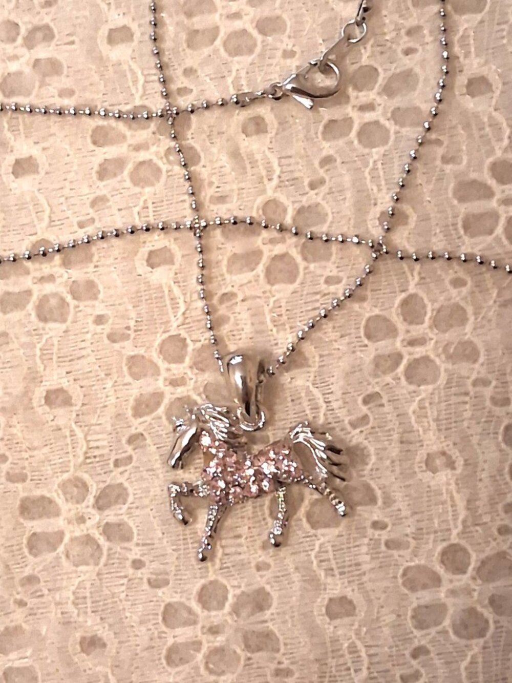 Vintage Artistic Horse Pendant Pink Austrian Crystal Silver-Plated Necklace - Picture 4 of 11